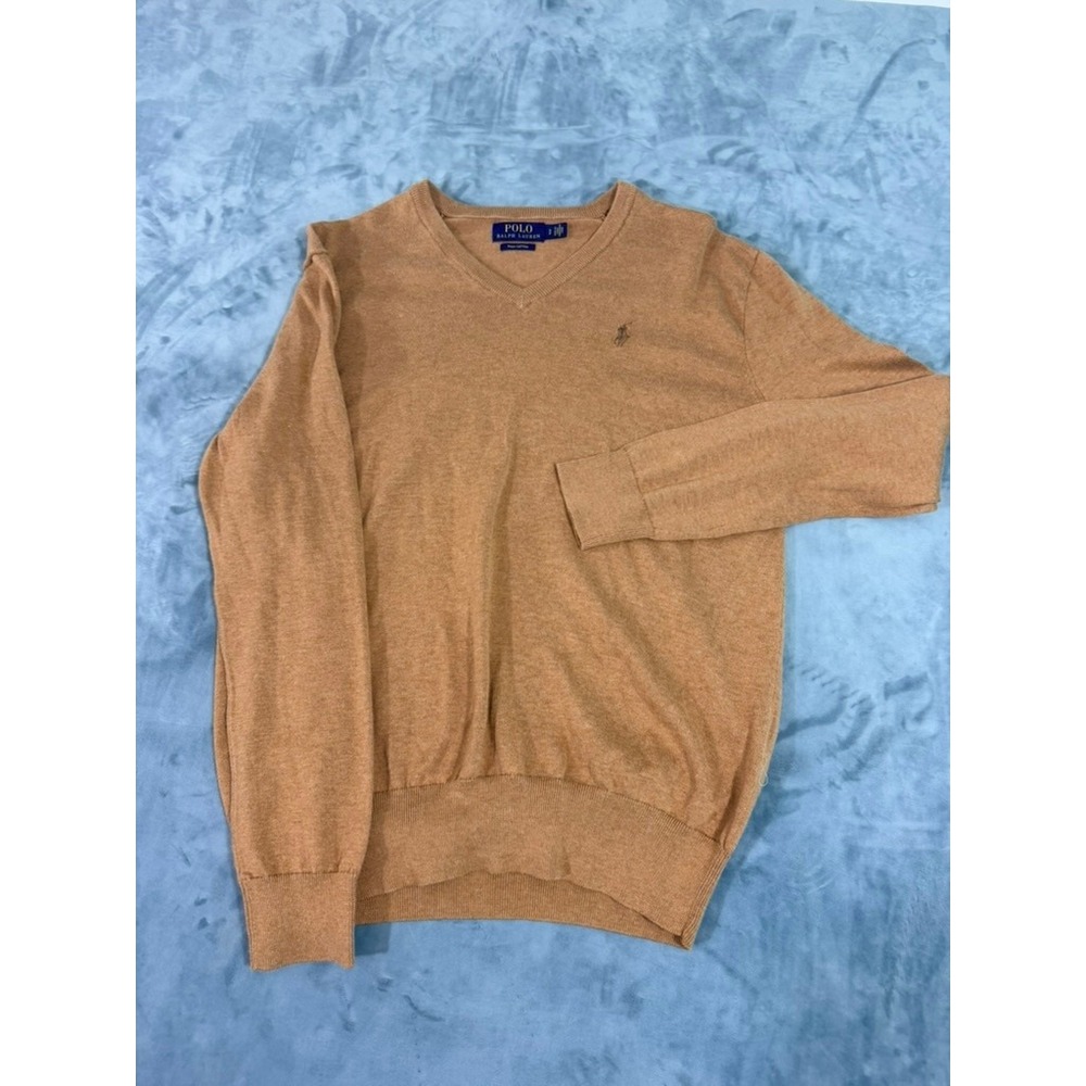 Polo Ralph Lauren Mens Pima Cotton V-Neck Sweater Tan Brown Small SP